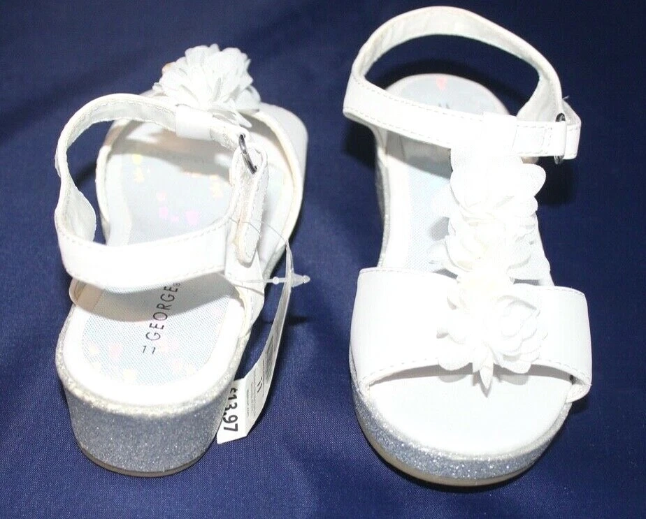 SANDALIAS CUÑA GEORGE NIÑA BLANCAS/PLATEADAS BRILLO/FLOR ADORNADAS TALLA 11 NUEVAS Foto 3 de 4