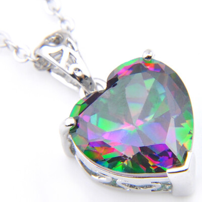 Natural Love Heart Rainbow Mystic Topaz Silver Necklace Pendants with Free Chain