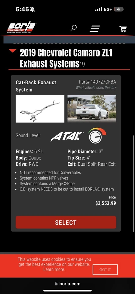 2016-2024 Chevy Camaro Borla ATAK полная выхлопная система с двойными наконечниками (NPP) Б/У GM - Изображение 2 из 2