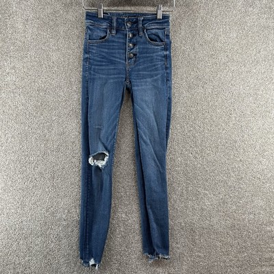 American Eagle Women's Jeggings Size 00 Blue Denim Distressed Mid Rise