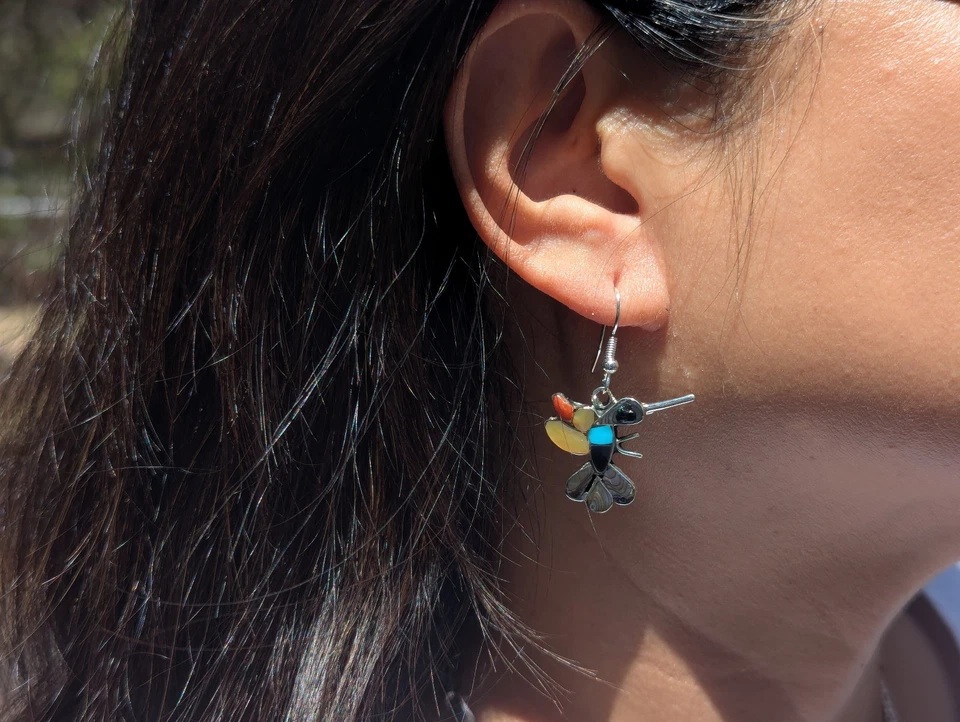 Zuni Sterling Silver Hummingbird Inlay Multi Stone Dangle Earrings Jewelry - Image 2 of 4