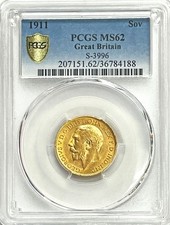 1911 GOLD GREAT BRITAIN SOVEREIGN KING GEORGE V COIN PCGS MINT STATE 62