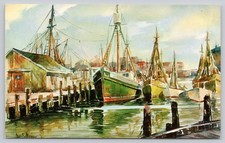 Gloucester MA Harbor Seascape Art Postcard by James F. Murray Fishing Boats