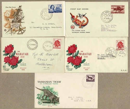 Australia 1959 - 1963 WCS High Values in Navigators Flowers Tiger FDC Cover x 5