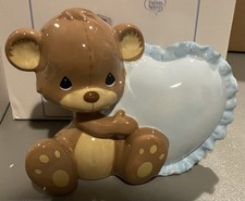 New In Box Precious Moments Ceramic Teddy Bear Bank with Blue Heart Pillow