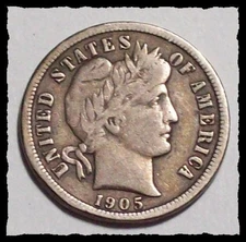1905-S  BARBER DIME  Original Nice Solid VF #31D52 .900 FINE SILVER Better Date