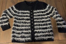 Dex Women’s Black White Knit Open Front Cardigan Fringe Accents Size Small 3/4