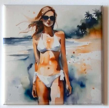 Woman at the Beach in White Bikini FRIDGE MAGNET "style B"