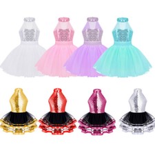 Kids Girls Ballet Tutu Dress Shiny Sequins Halter Leotard Gymnastics Dance-wear