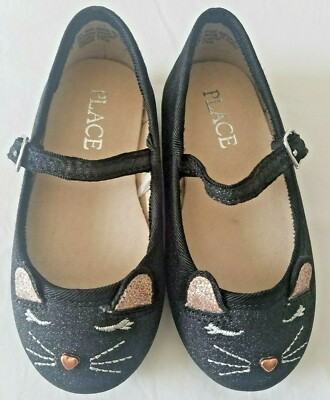 Children's Place Black w/ Cat Face Mary Jane Shoes Girl's Size