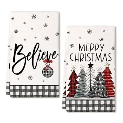 Christmas Kitchen Towels Set of 2,Black Buffalo Plaid Xmas Tree