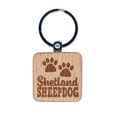 Shetland Sheepdog Dog Paw Prints Fun Text Engraved Wood Square Keychain