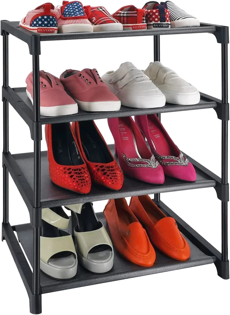 4 Tiers Small Shoe Rack,Narrow Stackable Shoe Shelf Organizer,Sturdy Shoe  Stand