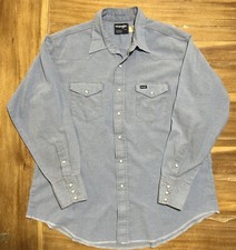 Vintage Wrangler Shirt Large 18 x 35 X-Long Tails Made In USA Pearl Snap Blue