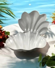 (2) Large Hard Plastic Clam Shell Pearl White Serving Bowls Dishes 10x12x3”
