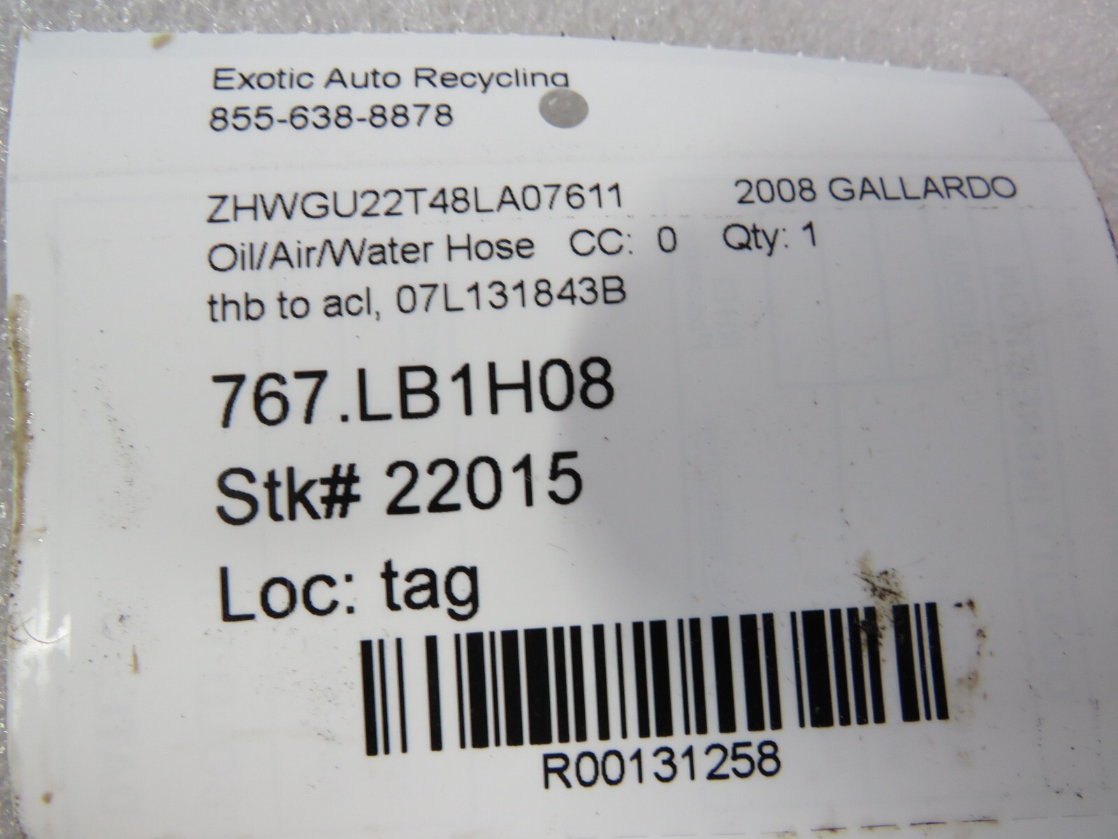Lamborghini Gallardo, Spyder, Throttle Body to ACL Hose, Used, 07L131843B