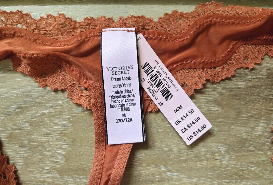 NUEVO CON ETIQUETAS Victoria's Secret Dream Angels Calabaza Sedoso Suave Encaje Tanga Bragas Arco M Foto 3 de 3