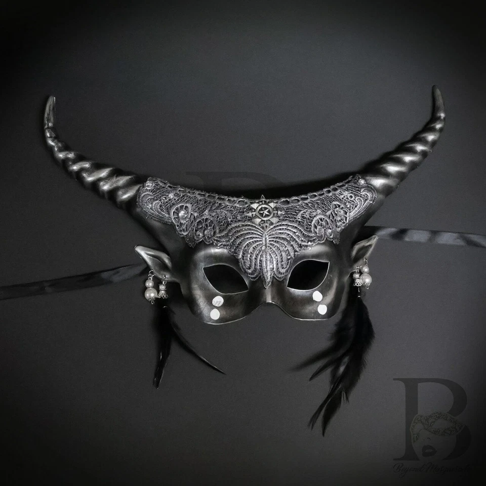 Couple's Masquerade Masks | Silver Masquerade Masks Ethereal Ram Mask - Image 4 of 4