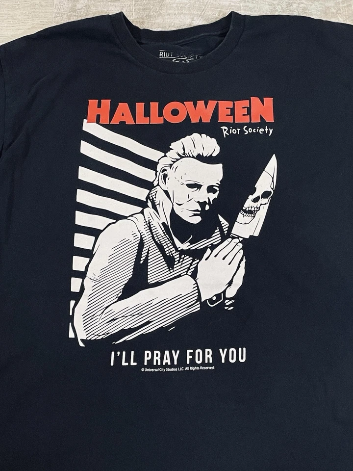 Halloween Película Riot Society Hombre’s Grande Negro Camiseta Terror I’ll Pray For You Foto 2 de 4