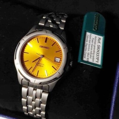 SEIKO KINETIC SKH337P1 TITANIUM Gold Yellow Dial Vintage Watch Sapphlex Power