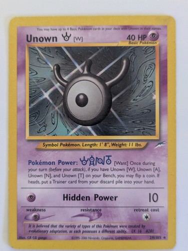 Minor Flaws Unown W 29/105 Neo Destiny WOTC Non-Holo Rare 2002 Pokemon Game Card