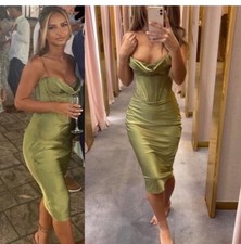 House of CB Myrna Satin Corset Slip Dress Olive Size Medium Plus Cup