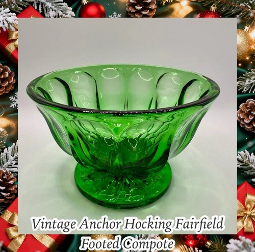 Vintage Anchor Hocking Fairfield Emerald Green Glass Footed Compote Candy Dish