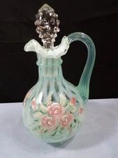 Fenton Hand Painted Aqua Opalescent Glass Diamond Optic Blush Rose Cruet