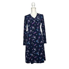 Banana Republic Wrap Floral Long Sleeve Dress Women Navy Blue Size Small