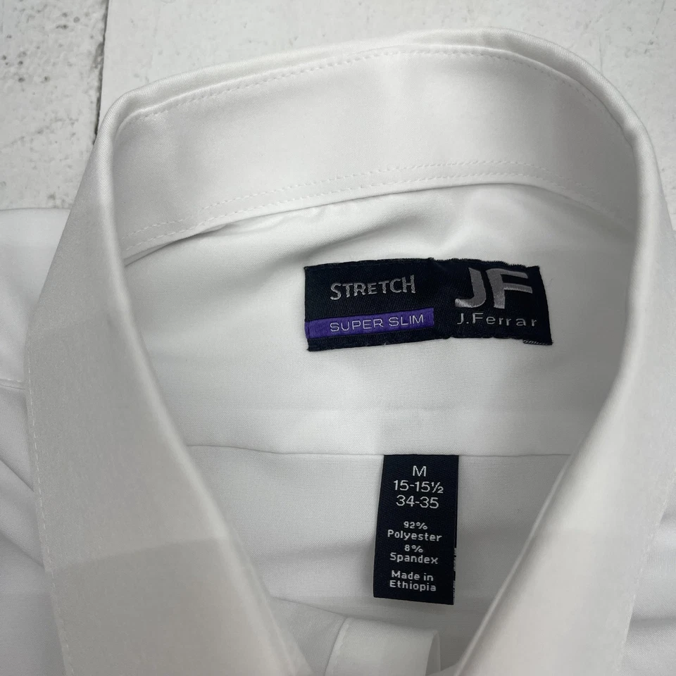Camisa JF J. Ferrar Para Hombres Mediana Blanca Elastizada Súper Ajustada Vestido Botón Delantero Foto 3 de 4