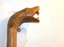 Vintage Hand Carved Wood 41" Walking Stick Cane Snake Head Folk Art Wood Teeth