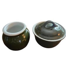 Vintage Hall China made in USA Covered Sugar Bowl and Creamer Set Dark Green