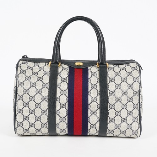Gucci Sherry Line GG Supreme Boston Bag Navy Canvas Hand Bag Used 07E182860015