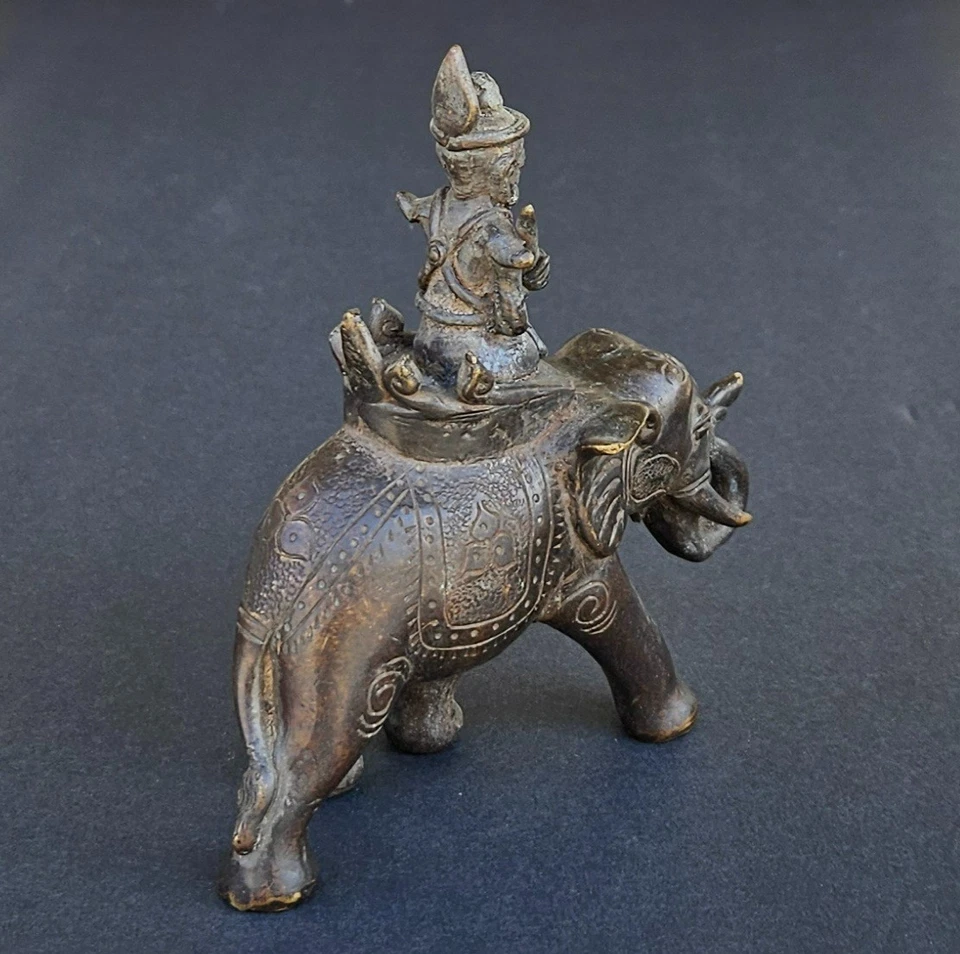 Antigua escultura de bronce hindú indio de 1900 elefante y jinete de Shiva Foto 4 de 4