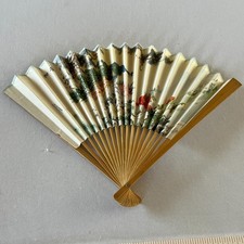 Vintage Wooden  Paper Hand Fan Fold Up 1950-1960 China Floral