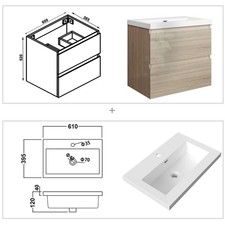 Gloss Oak Bathroom Vanity Unit Basin Wall Hung 2 Drawers 500 600 800mm