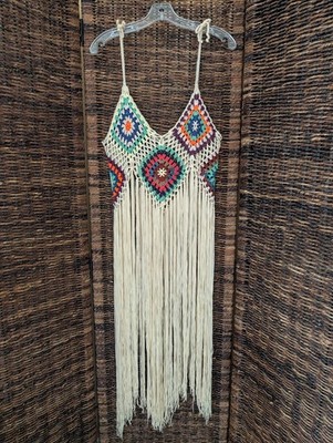 Crochet Granny Square Fringe Crop Top Large Semi Sheer Boho Festival 70s Hippie