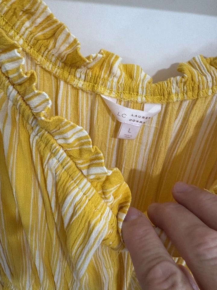 Vestido Lauren Conard Talla L Blanco/Amarillo Rayas 3/4 Volantes De Hombros Vestido Foto 3 de 4