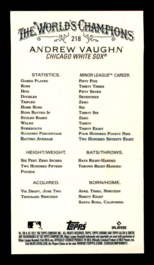 2021 Topps Allen and Ginter Chrome Mini #218 Andrew Vaughn RC (ref Y02137) - Image 2 of 2