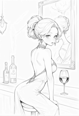 Cute manga sketch Woman girl bar drink line Art Print collectible wall