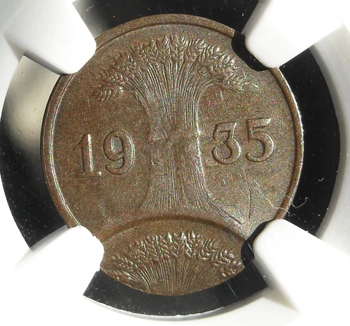 NGC NAZI ERROR COIN AU-58 BN 1935-A 1 ReichsPfennig-Germany WW2 DOUBLE STRIKE! 