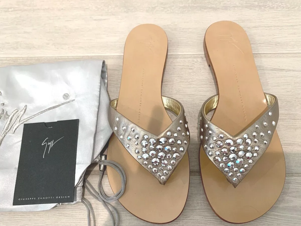 Fru en anden på en ferie GIUSEPPE ZANOTTI SWAROVSKI CRYSTAL FLAT SANDAL THONG SHOES GOLD LEATHER 37  1/2 | eBay