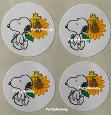 SNOOPY WITH SUNFLOWER STICKERS, ENVELOPE SEALS, LABELS, 1.5", (30) ROUND, TAGS