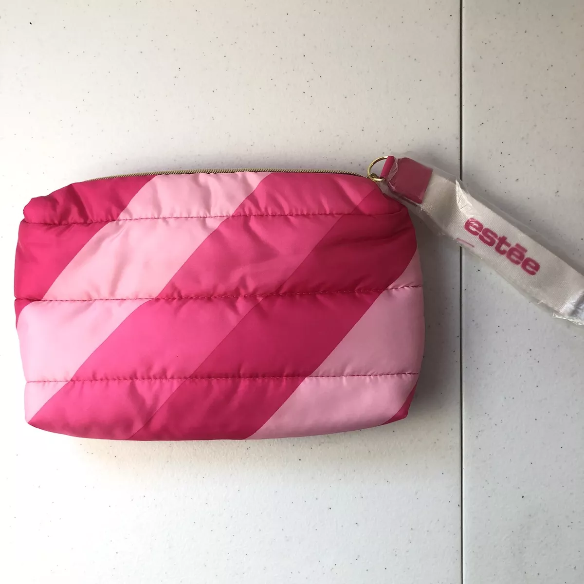 Estee Lauder Pink Striped Puffy Quilted Logo Makeup Beauty