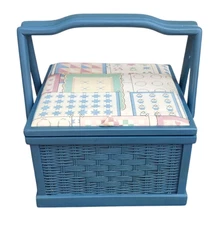 VTG Blue Wicker Sewing Basket Box Wood Frame & Handles Fabric Top Removable Tray