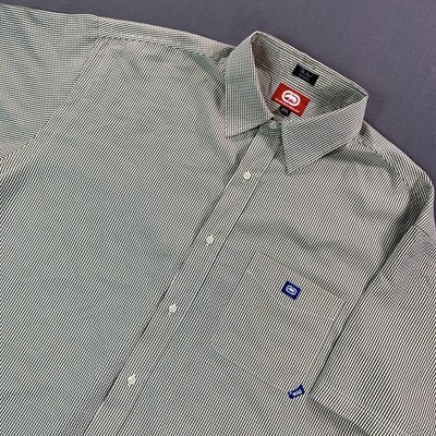 Ecko Unltd Shirt Mens 2XL Green Yellow Graph Check Woven Short Sleeve Button Y2K
