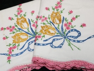 Vintage Pillowcases Embroidered Crocheted Tulips 1950s Estate Sale Cottage Core