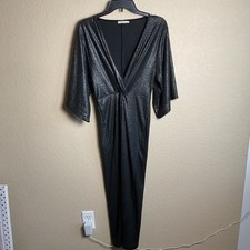 Zara Womens Small Black Glitter Midi Dress 3/4 Sleeve Deep V-Neck Holiday