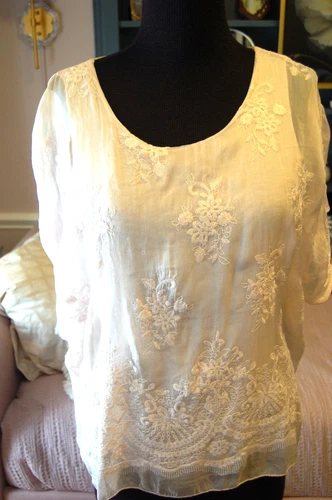Angela Moda Top Womens Large Ivory Silk Lace Floral Embroidered Lined