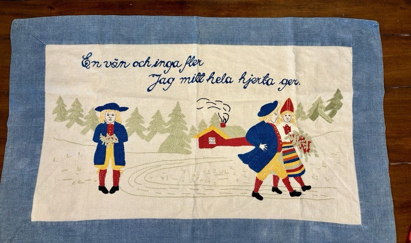 Vintage Swedish Folk Art Embroidered Wall Hanging – Romantic Couple & Stuga